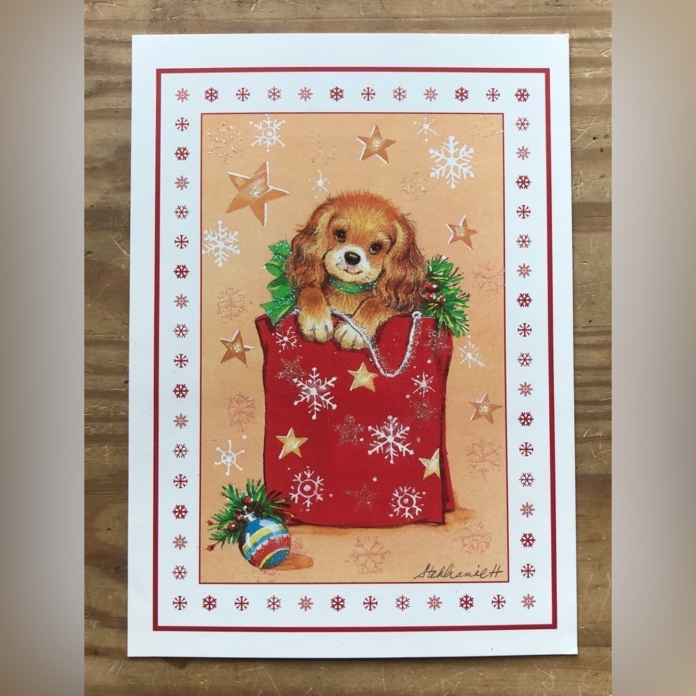 Vintage A Sunshine Card Sweet Puppy In Christmas Gift Bag Holiday Festive Dog